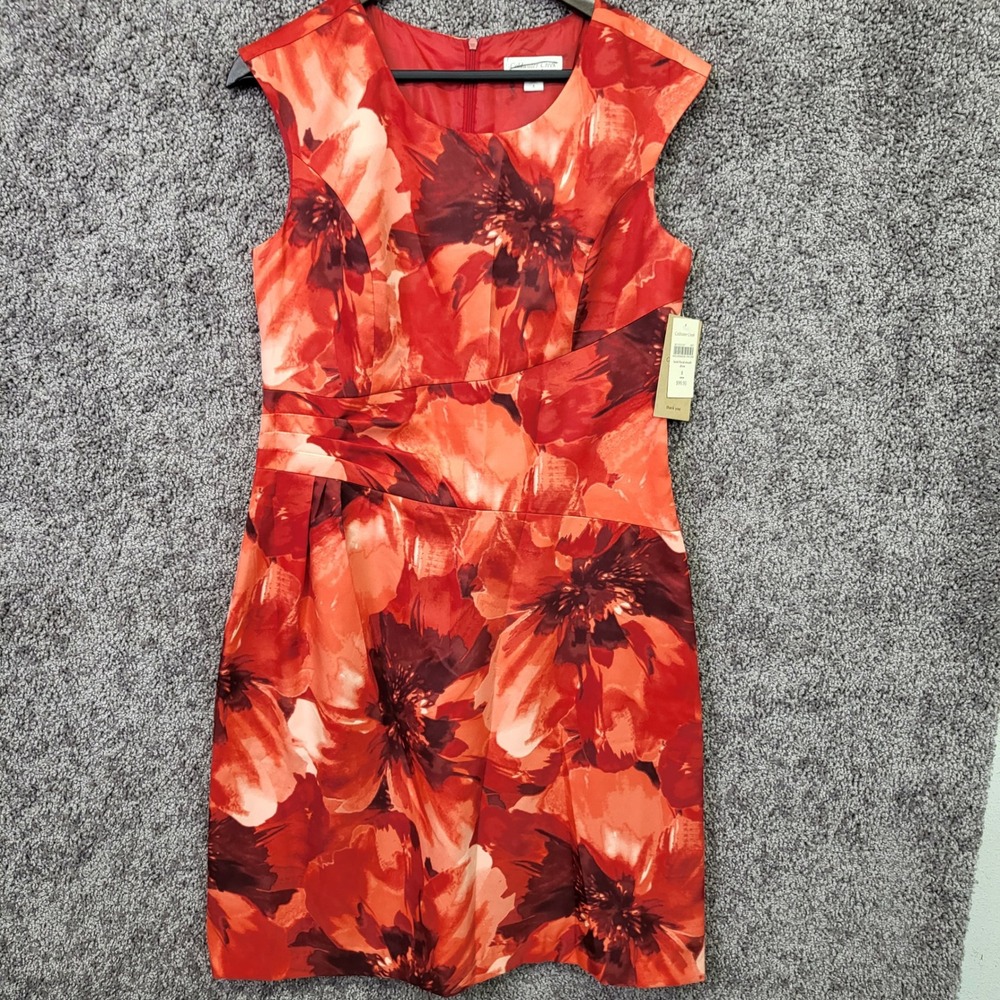 Coldwater Creek Sheath Dress Womens 8 Red Floral NWT Bold Pleated Waist